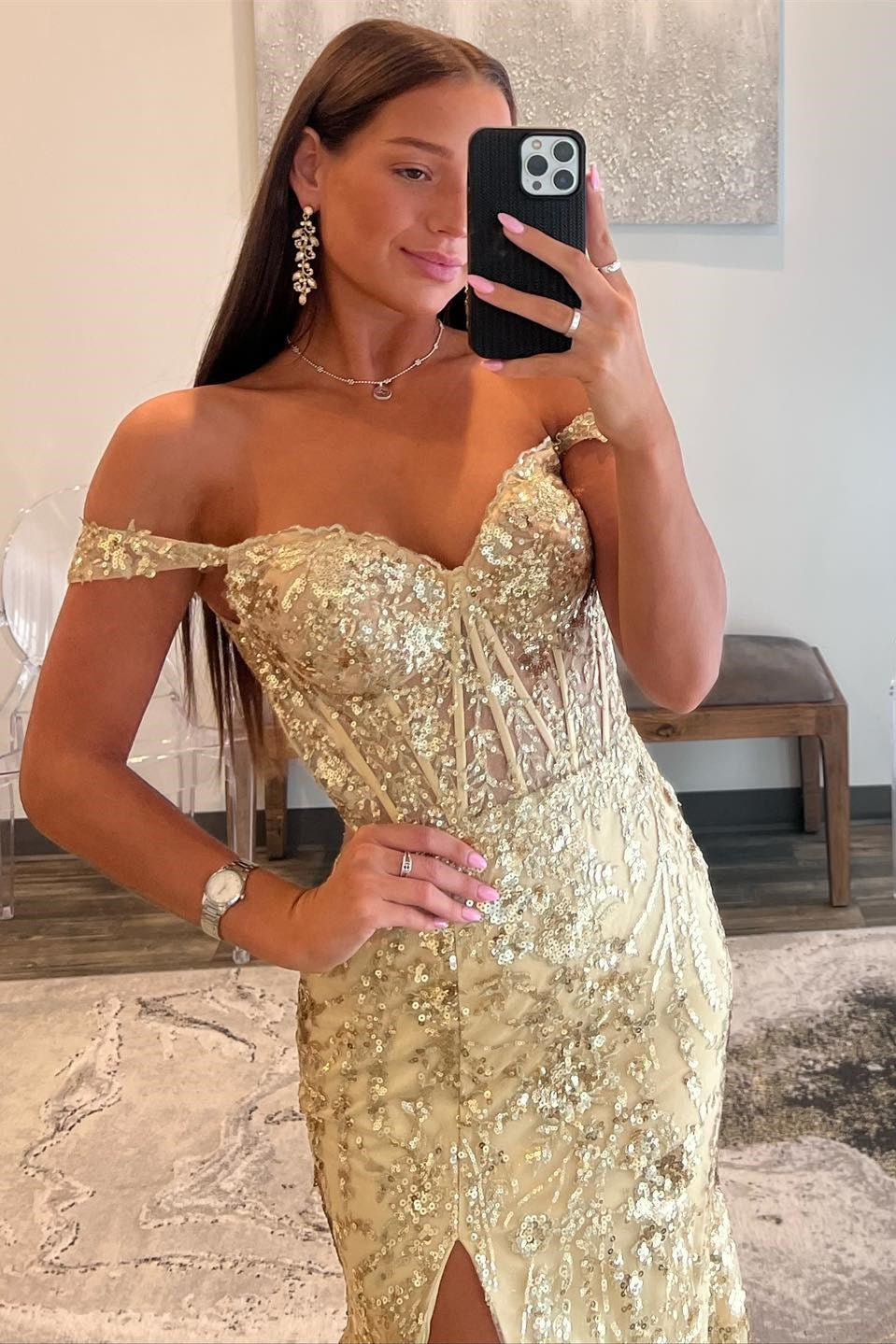 Gold Sequin Lace Off-the-Shoulder Mermaid Long Dress with Slit