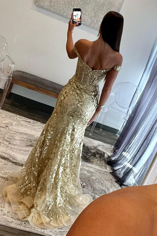 Gold Sequin Lace Off-the-Shoulder Mermaid Long Dress with Slit