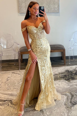 Gold Sequin Lace Off-the-Shoulder Mermaid Long Dress with Slit