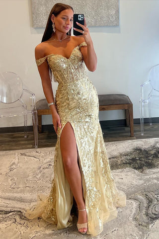 Gold Sequin Lace Off-the-Shoulder Mermaid Long Dress with Slit