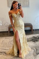 Gold Sequin Lace Off-the-Shoulder Mermaid Long Dress with Slit