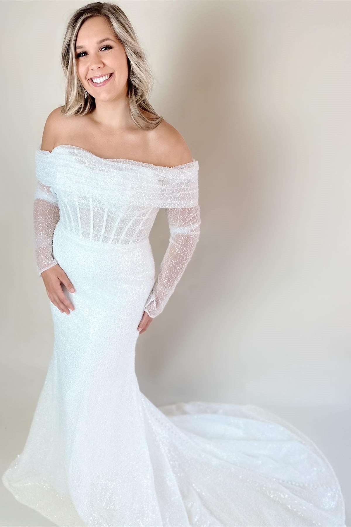 White Tulle Sequin Strapless Trumpet Long Wedding Dress