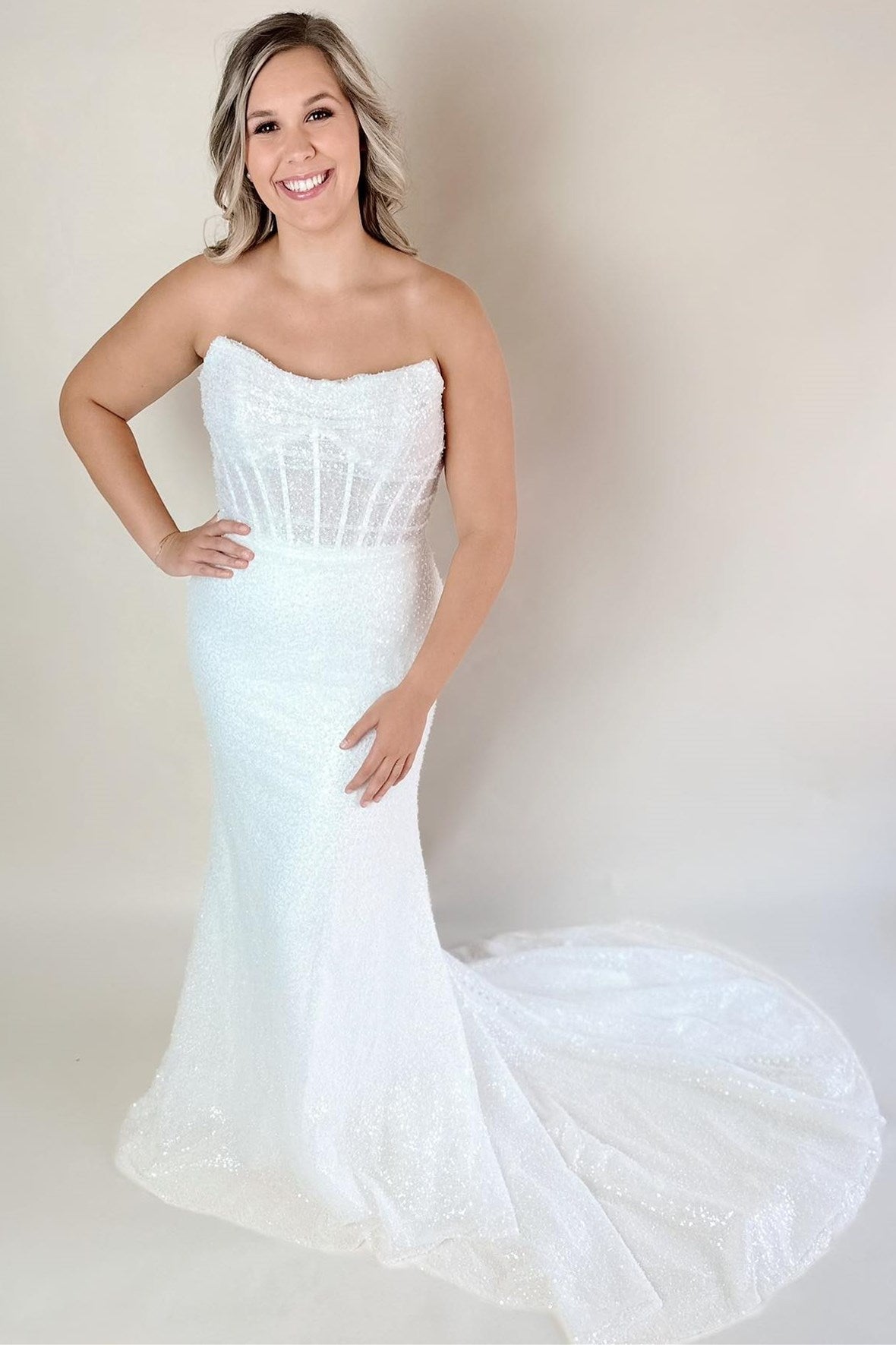 White Tulle Sequin Strapless Trumpet Long Wedding Dress