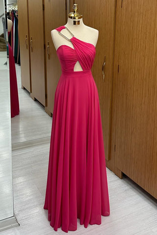 Magenta One-Shoulder Rectangular Ring Cutout Long Dress