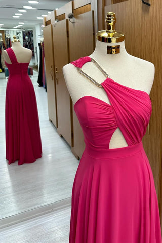 Magenta One-Shoulder Rectangular Ring Cutout Long Dress