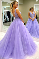 Lavender Tulle Appliques Open Back Ball Gown