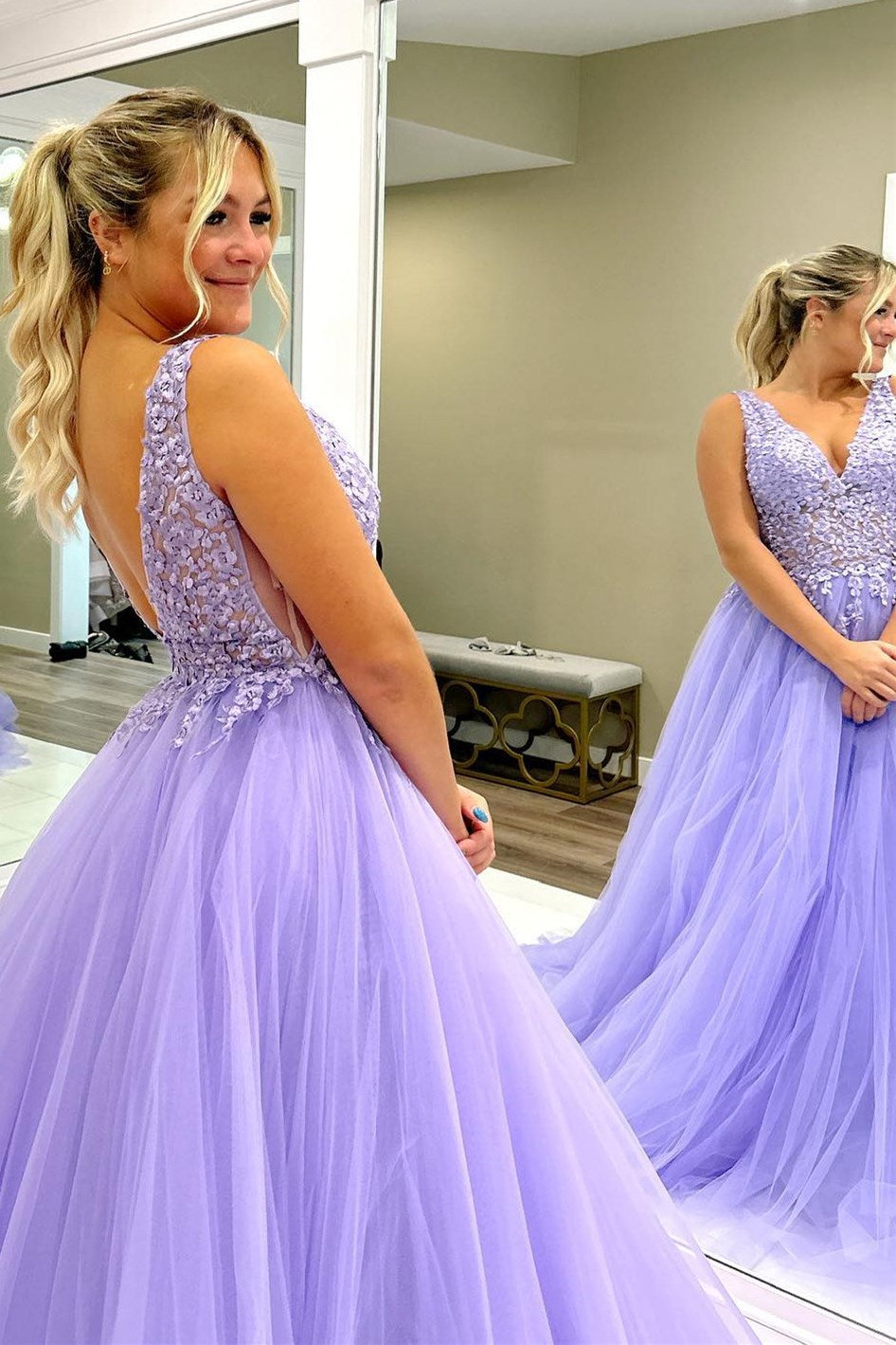 Lavender Tulle Appliques Open Back Ball Gown