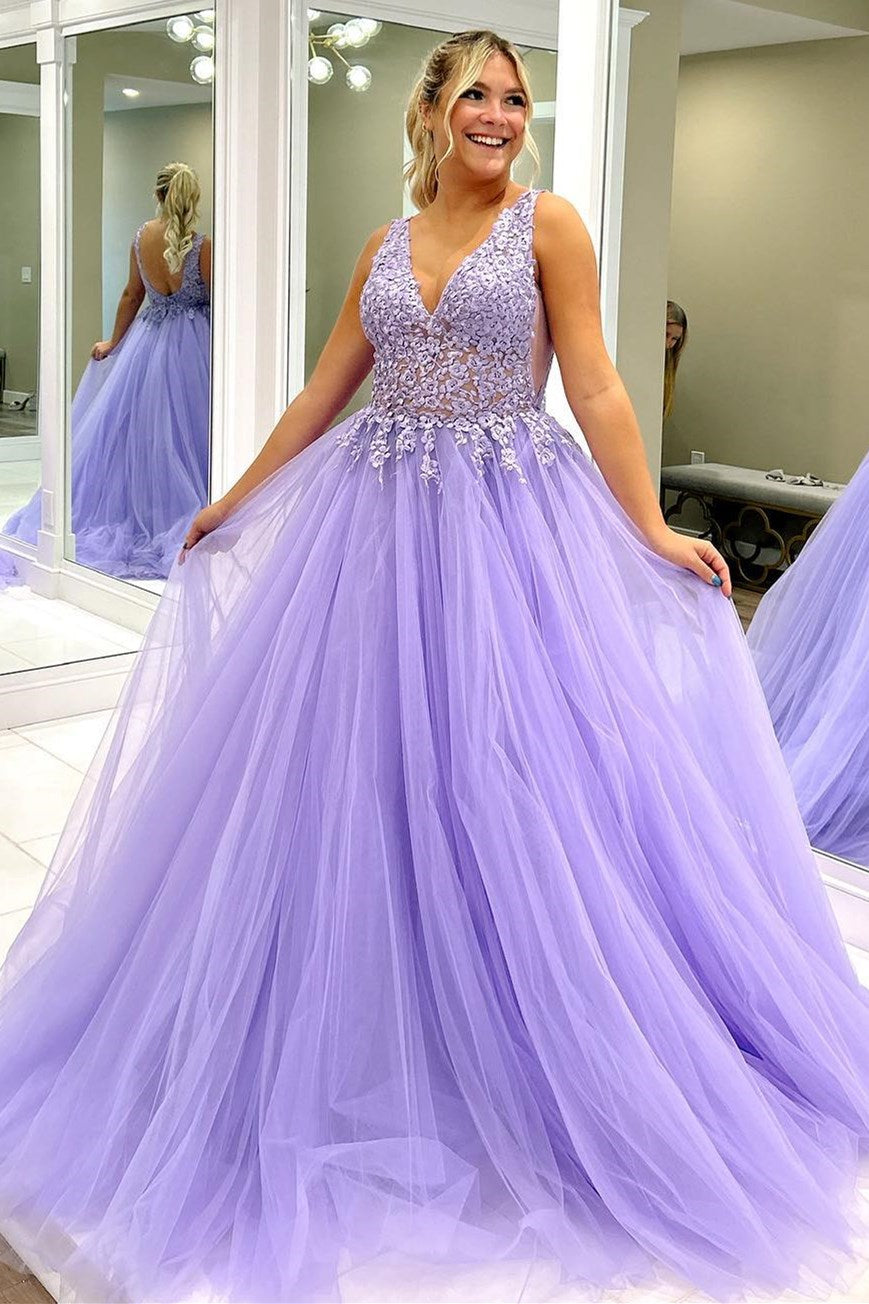 Lavender Tulle Appliques Open Back Ball Gown