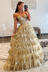 Gold Sequin Lace Off-the-Shoulder Ruffle Tiered Ball Gown