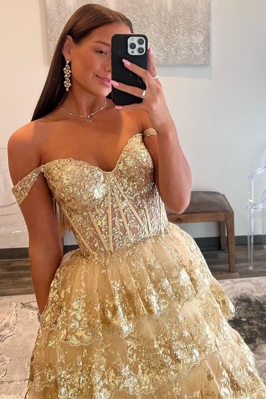 Gold Sequin Lace Off-the-Shoulder Ruffle Tiered Ball Gown