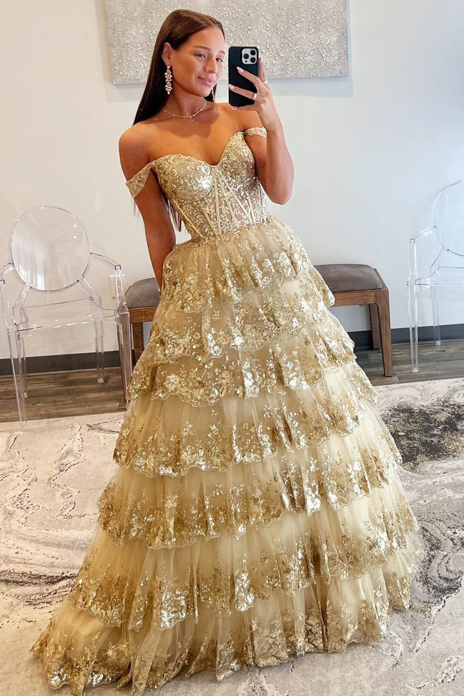 Gold Sequin Lace Off-the-Shoulder Ruffle Tiered Ball Gown