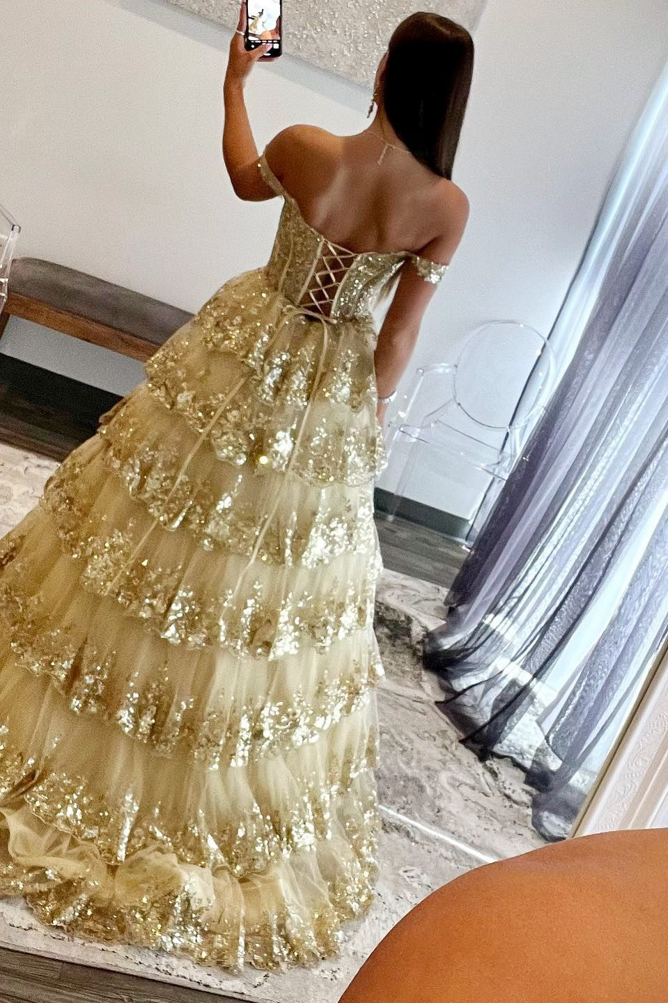 Gold Sequin Lace Off-the-Shoulder Ruffle Tiered Ball Gown