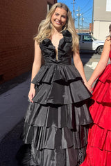 Red Halter Ruffle Tiered Long Prom Dress with Slit