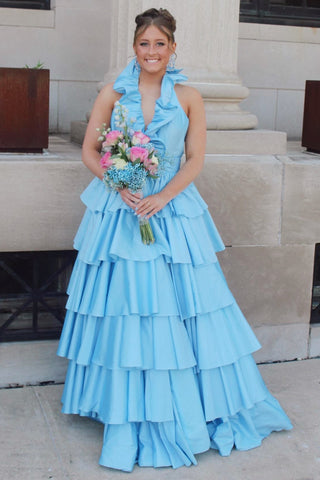 Red Halter Ruffle Tiered Long Prom Dress with Slit