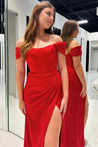 Red Off-the-Shoulder Wrap Long Prom Dress
