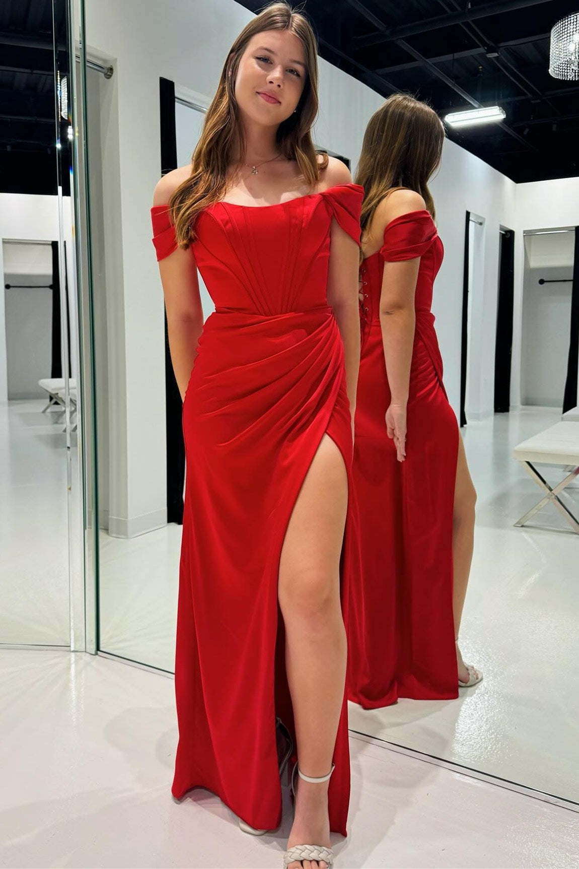 Red Off-the-Shoulder Wrap Long Prom Dress