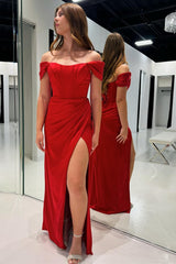 Red Off-the-Shoulder Wrap Long Prom Dress