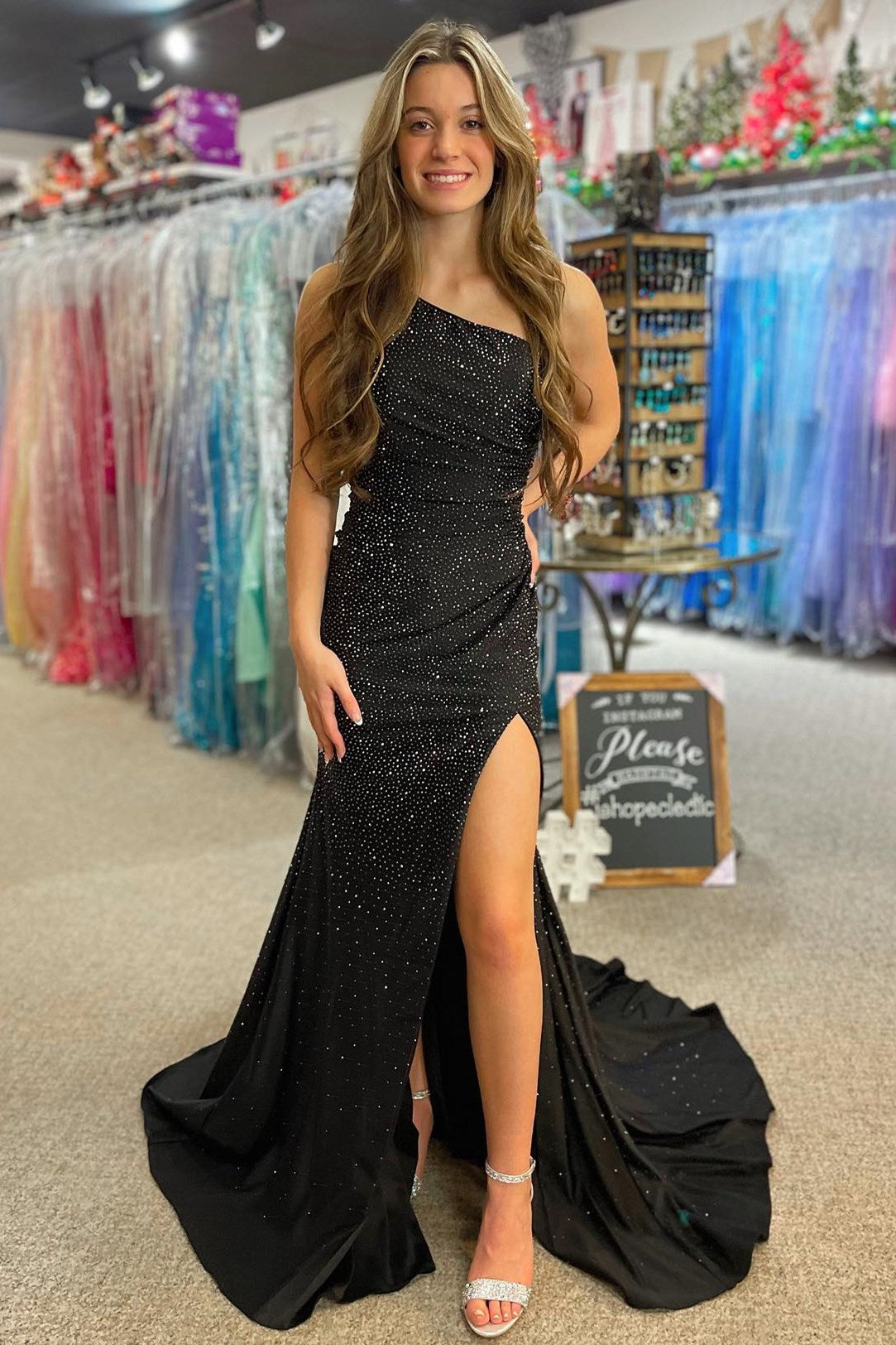 One-Shoulder Black Rhinestone Mermaid Long Prom Dress with Slit