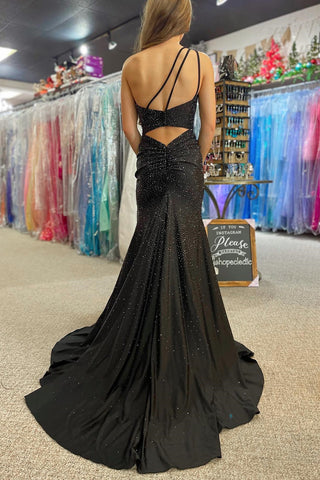 One-Shoulder Black Rhinestone Mermaid Long Prom Dress with Slit