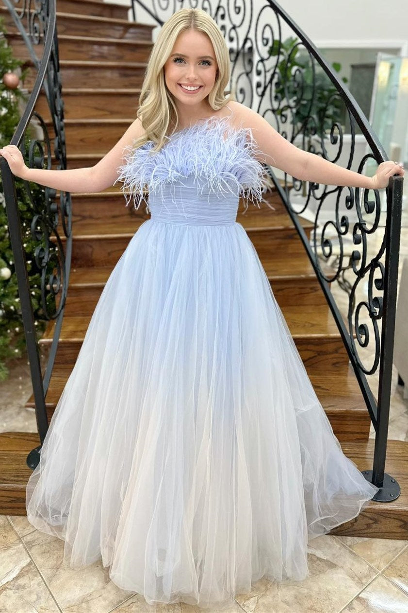 Blue and White Ombre Feathers Strapless A-Line Long Prom Dress