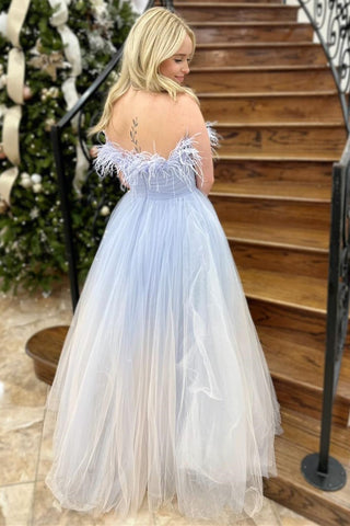 Blue and White Ombre Feathers Strapless A-Line Long Prom Dress