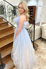 Blue and White Ombre Feathers Strapless A-Line Long Prom Dress