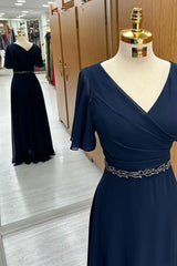 Navy Chiffon Surplice Short Sleeve A-Line Long Dress