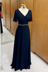 Navy Chiffon Surplice Short Sleeve A-Line Long Dress