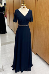 Navy Chiffon Surplice Short Sleeve A-Line Long Dress