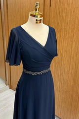 Navy Chiffon Surplice Short Sleeve A-Line Long Dress