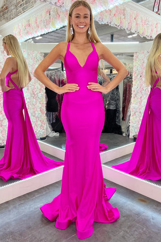 Fuchsia Cross Back Mermaid Long Gown with Attached Train
