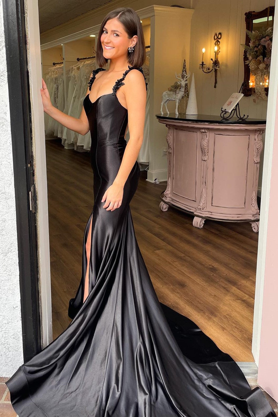 Black Scoop Neck Open Back Mermaid Long Gown with Slit