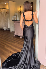 Black Scoop Neck Open Back Mermaid Long Gown with Slit