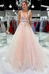 Blush Pink Tulle Appliques Open Back Long Prom Dress