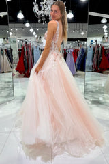 Blush Pink Tulle Appliques Open Back Long Prom Dress