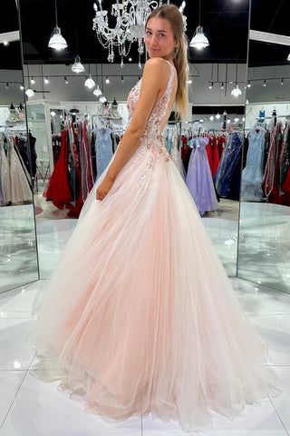 Blush Pink Tulle Appliques Open Back Long Prom Dress