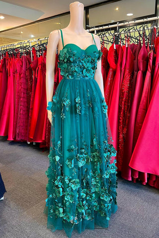 Emerald 3D Floral Lace Spaghetti Strap A-Line Long Prom Dress