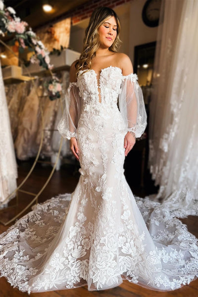 Strapless White Lace Trumpet Long Bridal Gown