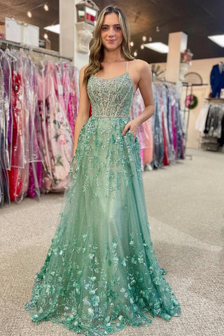Sage Green Beaded Appliques Lace-Up Long Prom Dress