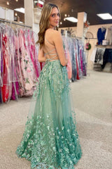 Sage Green Beaded Appliques Lace-Up Long Prom Dress