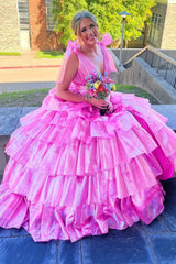 Bright Pink Plunge V Bow Strap Ruffle Multi-Layer Ball Gown