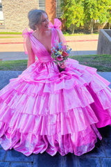 Bright Pink Plunge V Bow Strap Ruffle Multi-Layer Ball Gown