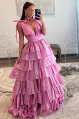 Bright Pink Plunge V Bow Strap Ruffle Multi-Layer Ball Gown