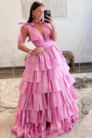 Bright Pink Plunge V Bow Strap Ruffle Multi-Layer Ball Gown