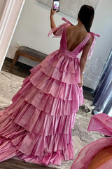 Bright Pink Plunge V Bow Strap Ruffle Multi-Layer Ball Gown