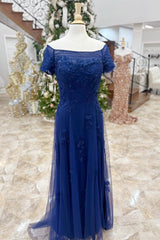 Navy Blue Appliques Portrait Short Sleeve A-Line Long Dress