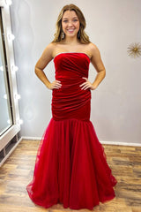 Red Velvet Strapless Trumpet Long Formal Dress