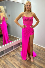 Fuchsia Beaded Strapless Long Prom Dress with Slit