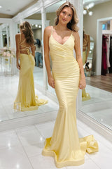 Yellow Surplice Lace-Up Mermaid Long Formal Dress