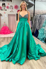 Emerald Beaded V-Neck A-Line Long Prom Dress with Slit